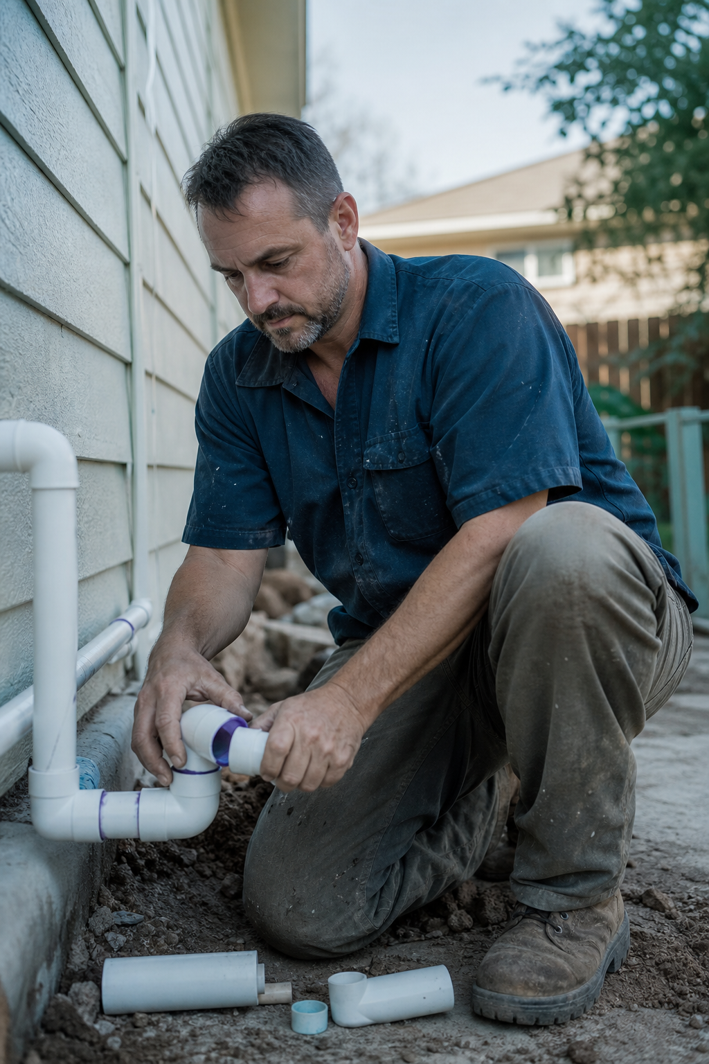 Aaron Silvia reviewing plumbing work on a residential job site