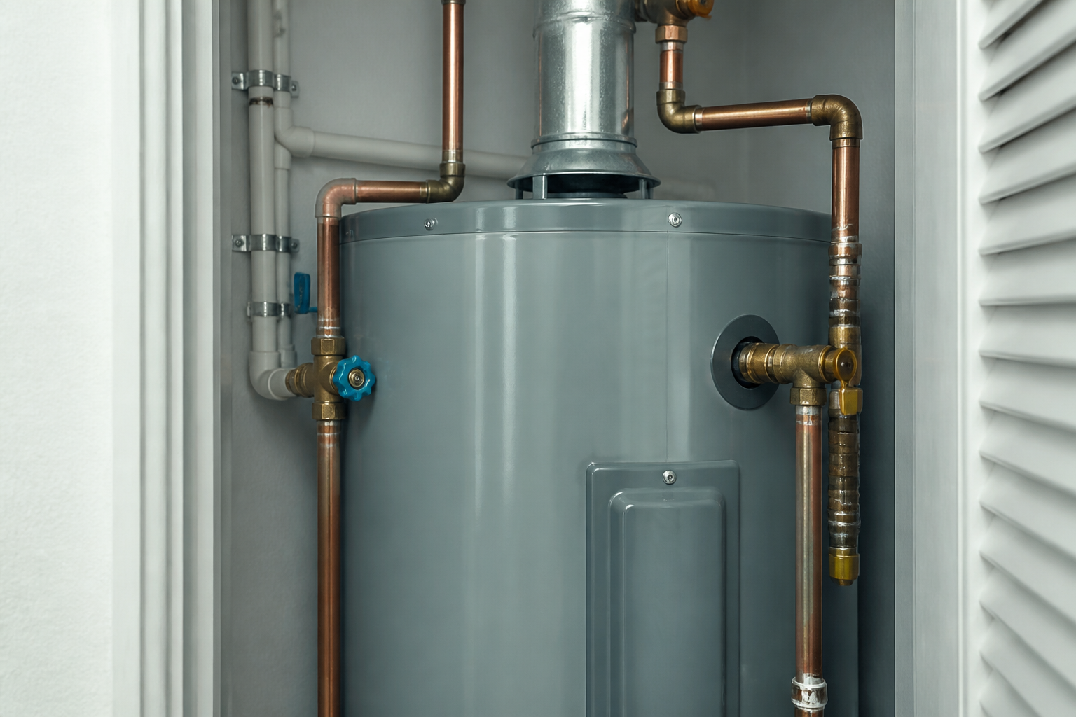 Copper plumbing lines and fittings near a water heater